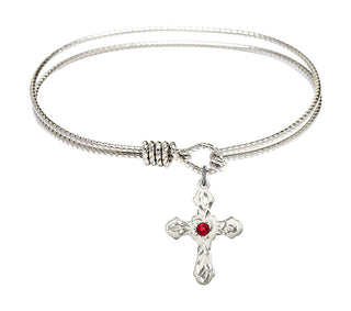 7 1/4 inch Oval Eye Hook Rhodium Bangle Bracelet with a Sterling Silver Cross charm. Engraved Catholic Saint Jewelry