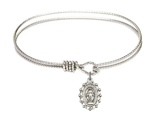 7 1/4 inch Oval Eye Hook Rhodium Bangle Bracelet with a Sterling Silver Miraculous charm.