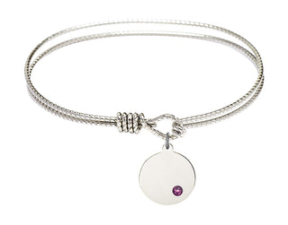7 1/4 inch Oval Eye Hook Rhodium Bangle Bracelet with a Sterling Silver Plain Disc charm.