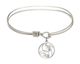 7 1/4 inch Oval Eye Hook Rhodium Bangle Bracelet with a Sterling Silver Madonna and Child charm.