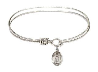 7 1/4 inch Oval Eye Hook Rhodium Bangle Bracelet with a Sterling Silver Saint Barbara charm. Engraved Catholic Saint Jewelry