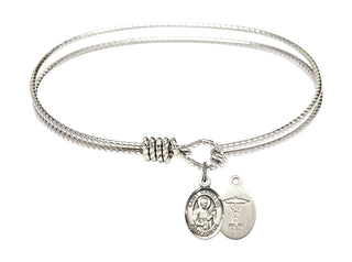 7 1/4 inch Oval Eye Hook Rhodium Bangle Bracelet with a Sterling Silver Saint Camillus of Lellis/Doctors charm.
