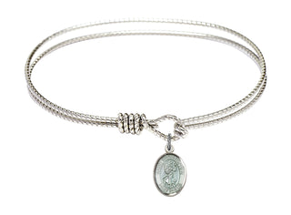 7 1/4 inch Oval Eye Hook Rhodium Bangle Bracelet with a Sterling Silver Saint Christopher charm. Engraved Catholic Saint Jewelry