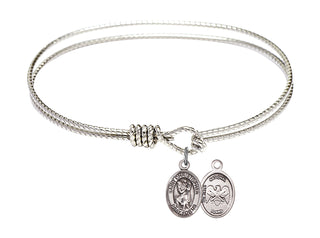 7 1/4 inch Oval Eye Hook Rhodium Bangle Bracelet with a Sterling Silver Saint Christopher/Nat'l Guard charm.