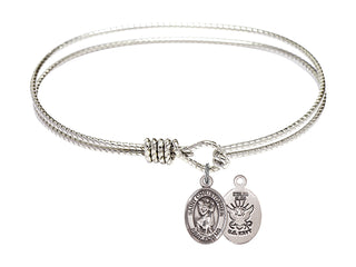 7 1/4 inch Oval Eye Hook Rhodium Bangle Bracelet with a Sterling Silver Saint Christopher / Navy charm.