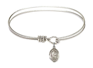 7 1/4 inch Oval Eye Hook Rhodium Bangle Bracelet with a Sterling Silver Saint Dymphna charm. Engraved Catholic Saint Jewelry