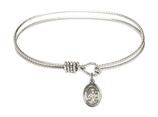 7 1/4 inch Oval Eye Hook Rhodium Bangle Bracelet with a Sterling Silver Saint Joseph charm. Engraved Catholic Saint Jewelry