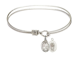 7 1/4 inch Oval Eye Hook Rhodium Bangle Bracelet with a Sterling Silver Miraculous charm. Engraved Catholic Saint Jewelry