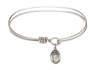 7 1/4 inch Oval Eye Hook Rhodium Bangle Bracelet with a Sterling Silver Saint Patrick charm. Engraved Catholic Saint Jewelry