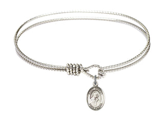7 1/4 inch Oval Eye Hook Rhodium Bangle Bracelet with a Sterling Silver Saint Robert Bellarmine charm. Engraved Catholic Saint Jewelry