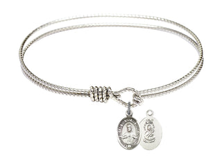 7 1/4 inch Oval Eye Hook Rhodium Bangle Bracelet with a Sterling Silver Scapular charm. Engraved Catholic Saint Jewelry