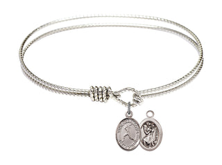 7 1/4 inch Oval Eye Hook Rhodium Bangle Bracelet with a Sterling Silver Saint Christopher/Softball charm.