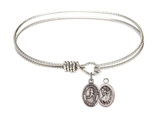 7 1/4 inch Oval Eye Hook Rhodium Bangle Bracelet with a Sterling Silver Saint Christopher/Track & Field charm.