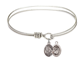 7 1/4 inch Oval Eye Hook Rhodium Bangle Bracelet with a Sterling Silver Saint Christopher/Wrestling charm.