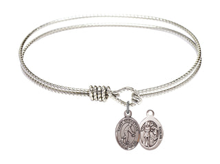 7 1/4 inch Oval Eye Hook Rhodium Bangle Bracelet with a Sterling Silver Saint Sebastian/Basketball charm.