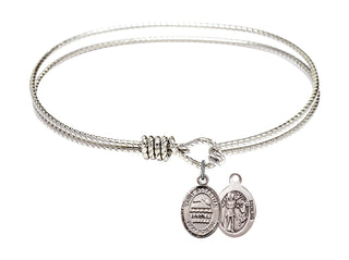 7 1/4 inch Oval Eye Hook Rhodium Bangle Bracelet with a Sterling Silver Saint Sebastian/Swimming charm.