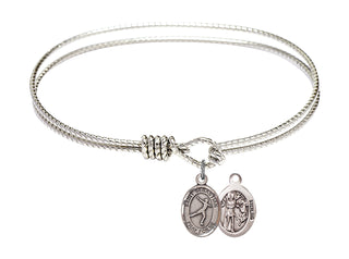 7 1/4 inch Oval Eye Hook Rhodium Bangle Bracelet with a Sterling Silver Saint Sebastian/Figure Skating charm.