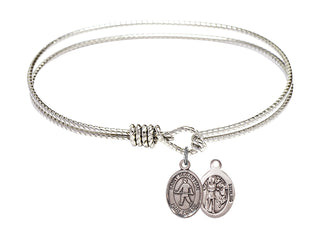 7 1/4 inch Oval Eye Hook Rhodium Bangle Bracelet with a Sterling Silver Saint Sebastian/Field Hockey charm.