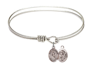 7 1/4 inch Oval Eye Hook Rhodium Bangle Bracelet with a Sterling Silver Saint Sebastian / Rugby charm.