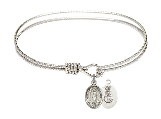 7 1/4 inch Oval Eye Hook Rhodium Bangle Bracelet with a Sterling Silver Our Lady of Guadalupe charm. Engraved Catholic Saint Jewelry