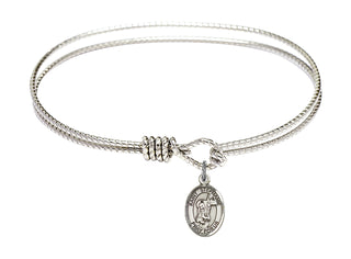 7 1/4 inch Oval Eye Hook Rhodium Bangle Bracelet with a Sterling Silver Saint Stephanie charm. Engraved Catholic Saint Jewelry