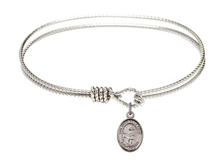 7 1/4 inch Oval Eye Hook Rhodium Bangle Bracelet with a Sterling Silver San Juan de la Cruz charm. Engraved Catholic Saint Jewelry