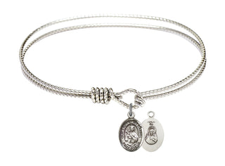 7 1/4 inch Oval Eye Hook Rhodium Bangle Bracelet with a Sterling Silver Our Lady of Mount Carmel charm.