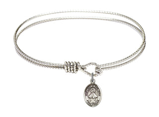 7 1/4 inch Oval Eye Hook Rhodium Bangle Bracelet with a Sterling Silver Our Lady of San Juan charm. Engraved Catholic Saint Jewelry