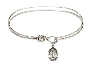 7 1/4 inch Oval Eye Hook Rhodium Bangle Bracelet with a Sterling Silver Blessed Karolina Kozkowna charm. Engraved Catholic Saint Jewelry