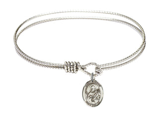 7 1/4 inch Oval Eye Hook Rhodium Bangle Bracelet with a Sterling Silver Saint Meinrad of Einsiedeln charm. Engraved Catholic Saint Jewelry