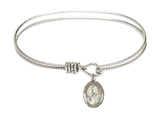 7 1/4 inch Oval Eye Hook Rhodium Bangle Bracelet with a Sterling Silver Saint Finnian of Clonard charm. Engraved Catholic Saint Jewelry