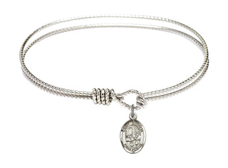 7 1/4 inch Oval Eye Hook Rhodium Bangle Bracelet with a Sterling Silver Saint Rosalia charm. Engraved Catholic Saint Jewelry