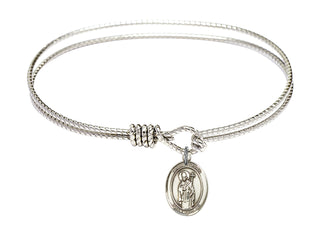 7 1/4 inch Oval Eye Hook Rhodium Bangle Bracelet with a Sterling Silver Saint Ronan charm. Engraved Catholic Saint Jewelry