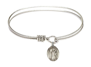 7 1/4 inch Oval Eye Hook Rhodium Bangle Bracelet with a Sterling Silver Saint Wolfgang charm. Engraved Catholic Saint Jewelry