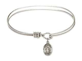 7 1/4 inch Oval Eye Hook Rhodium Bangle Bracelet with a Sterling Silver Saint Clement charm. Engraved Catholic Saint Jewelry