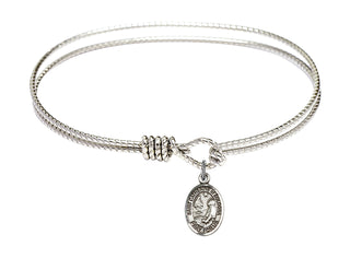 7 1/4 inch Oval Eye Hook Rhodium Bangle Bracelet with a Sterling Silver Saint Catherine of Bologna charm. Engraved Catholic Saint Jewelry