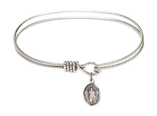 7 1/4 inch Oval Eye Hook Rhodium Bangle Bracelet with a Sterling Silver Divine Mercy charm.
