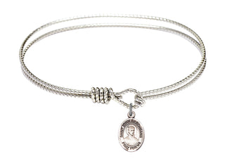 7 1/4 inch Oval Eye Hook Rhodium Bangle Bracelet with a Sterling Silver Saint John Berchmans charm. Engraved Catholic Saint Jewelry