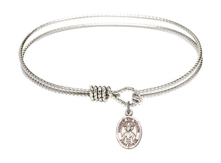 7 1/4 inch Oval Eye Hook Rhodium Bangle Bracelet with a Sterling Silver Saint Andrew Kim Taegon charm. Engraved Catholic Saint Jewelry