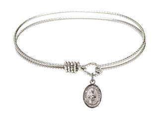 7 1/4 inch Oval Eye Hook Rhodium Bangle Bracelet with a Sterling Silver Saint Simon the Apostle charm. Engraved Catholic Saint Jewelry