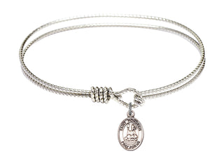 7 1/4 inch Oval Eye Hook Rhodium Bangle Bracelet with a Sterling Silver Saint Honorius of Amiens charm. Engraved Catholic Saint Jewelry