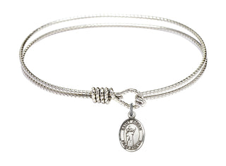 7 1/4 inch Oval Eye Hook Rhodium Bangle Bracelet with a Sterling Silver Saint Aidan of Lindesfarne charm. Engraved Catholic Saint Jewelry