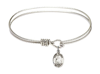 7 1/4 inch Oval Eye Hook Rhodium Bangle Bracelet with a Sterling Silver Saint Theodora charm. Engraved Catholic Saint Jewelry
