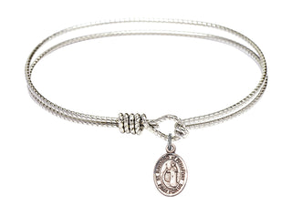 7 1/4 inch Oval Eye Hook Rhodium Bangle Bracelet with a Sterling Silver Saint Raymond of Penafort charm. Engraved Catholic Saint Jewelry