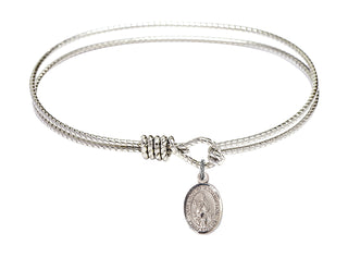 7 1/4 inch Oval Eye Hook Rhodium Bangle Bracelet with a Sterling Silver Our Lady of Assumption charm. Engraved Catholic Saint Jewelry