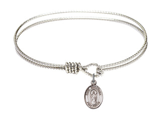 7 1/4 inch Oval Eye Hook Rhodium Bangle Bracelet with a Sterling Silver Saint Seraphina charm. Engraved Catholic Saint Jewelry