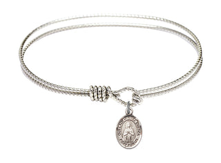 7 1/4 inch Oval Eye Hook Rhodium Bangle Bracelet with a Sterling Silver Our Lady of Rosa Mystica charm. Engraved Catholic Saint Jewelry