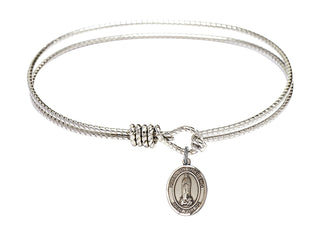 7 1/4 inch Oval Eye Hook Rhodium Bangle Bracelet with a Sterling Silver Our Lady of Kibeho charm. Engraved Catholic Saint Jewelry