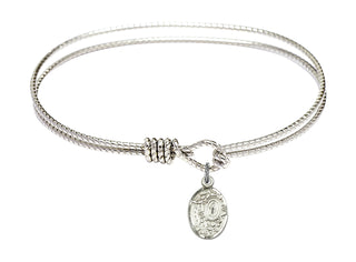 7 1/4 inch Oval Eye Hook Rhodium Bangle Bracelet with a Sterling Silver Miraculous charm.