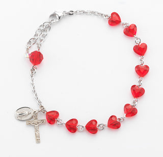 Sterling Silver Rosary Bracelet with 8mm Red Finest Austrian Crystal Heart Shape Beads